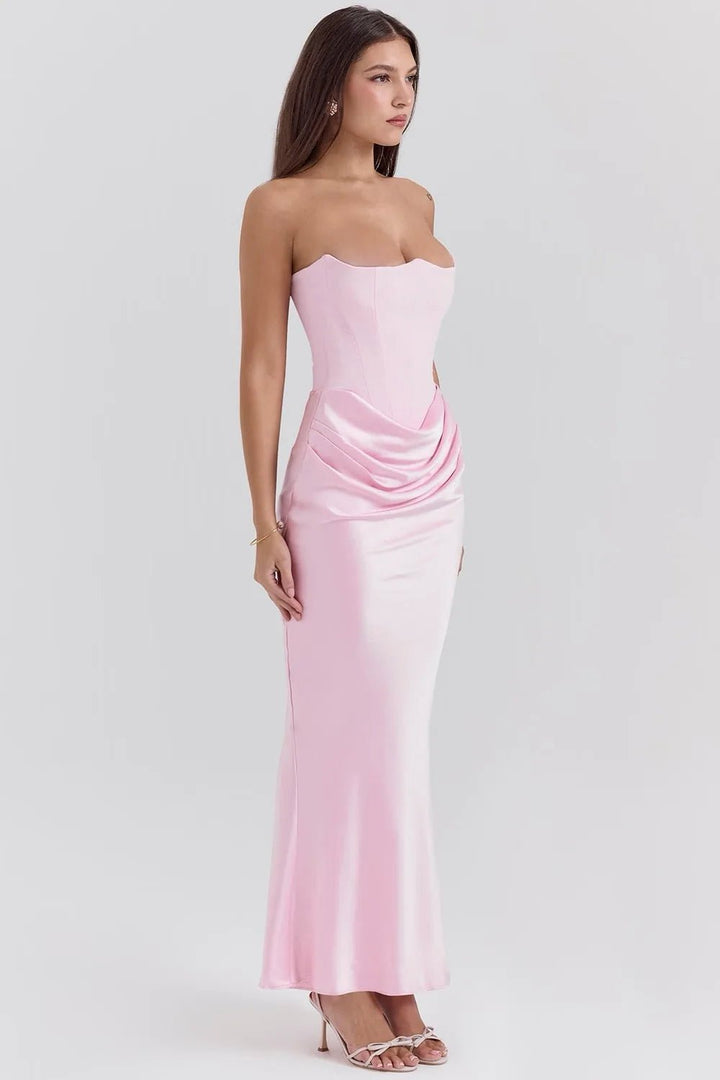 Aria | Elegant Strapless Pink Dress with Ruched Detailing - Emma's Dresses