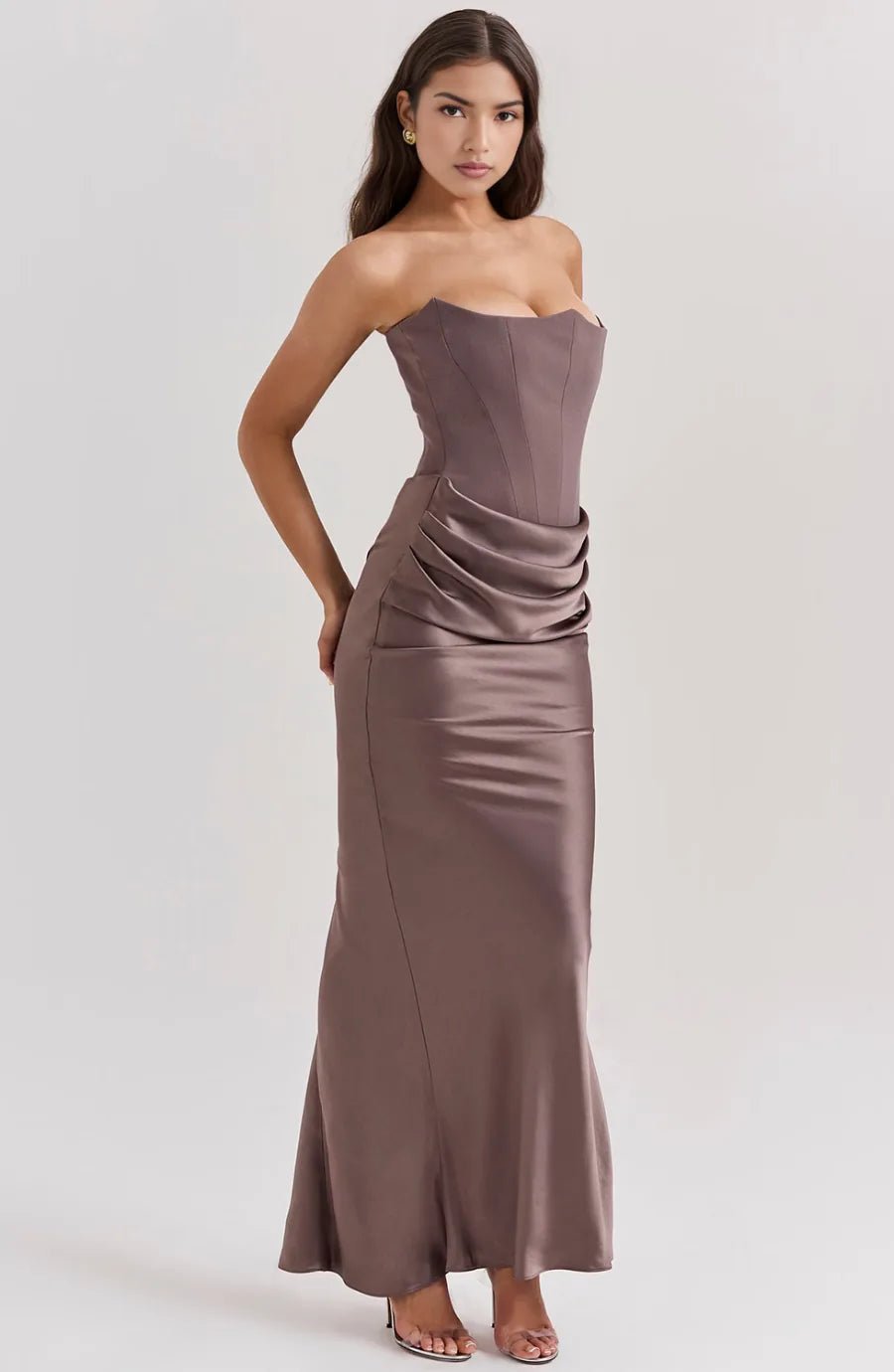 Isabella | Elegant Strapless Satin Maxi Dress - Emma's Dresses
