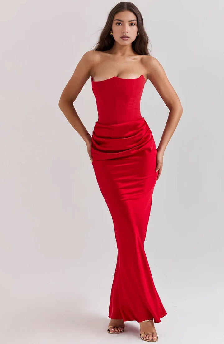 Isabella | Elegant Strapless Satin Maxi Dress - Emma's Dresses