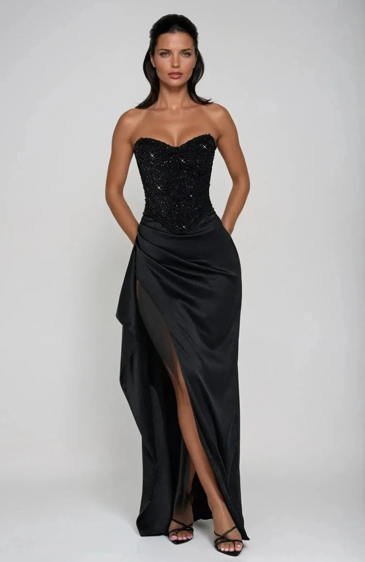 Nadia | Black Strapless Sweetheart Corset Evening Dress - Emma's Dresses
