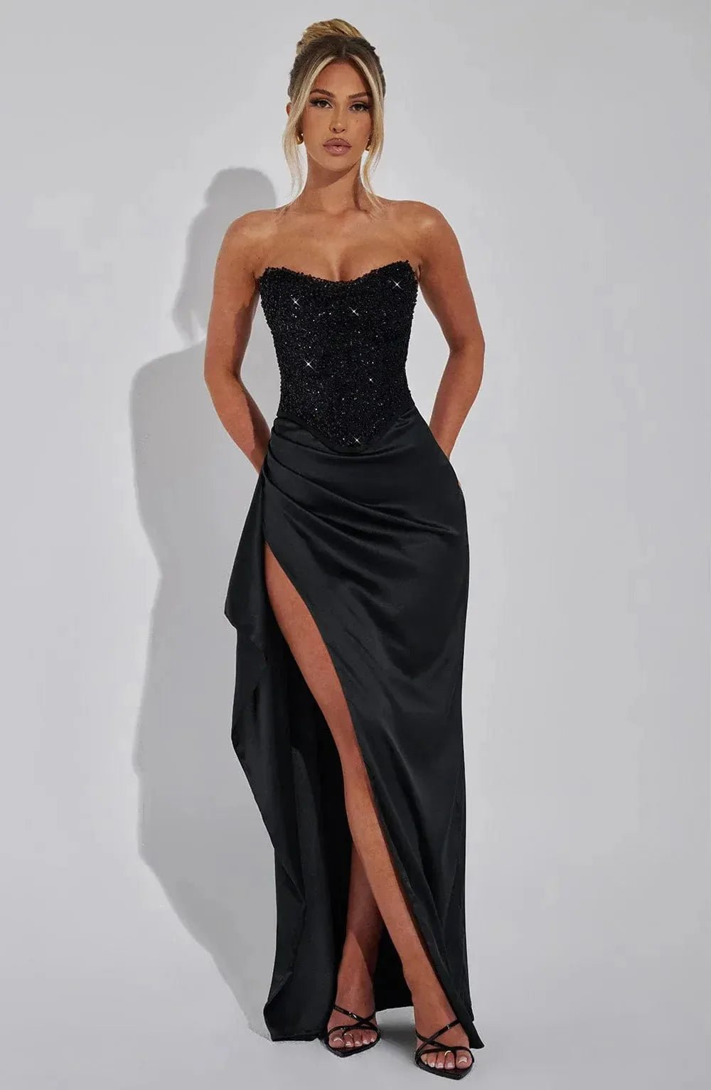 Nadia | Black Strapless Sweetheart Corset Evening Dress - Emma's Dresses