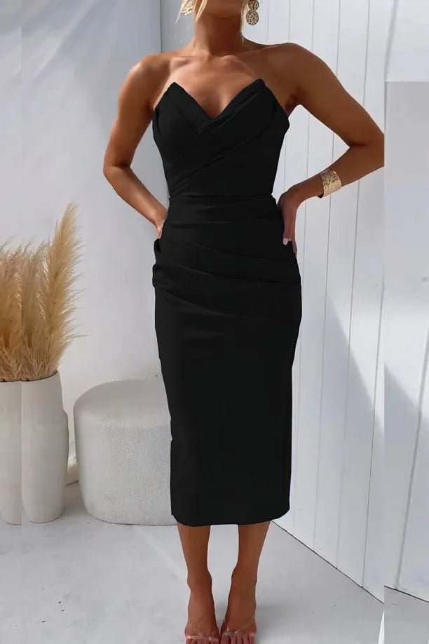 Eva | Elegant Strapless Sweetheart Ruched Midi Dress - Emma's Dresses
