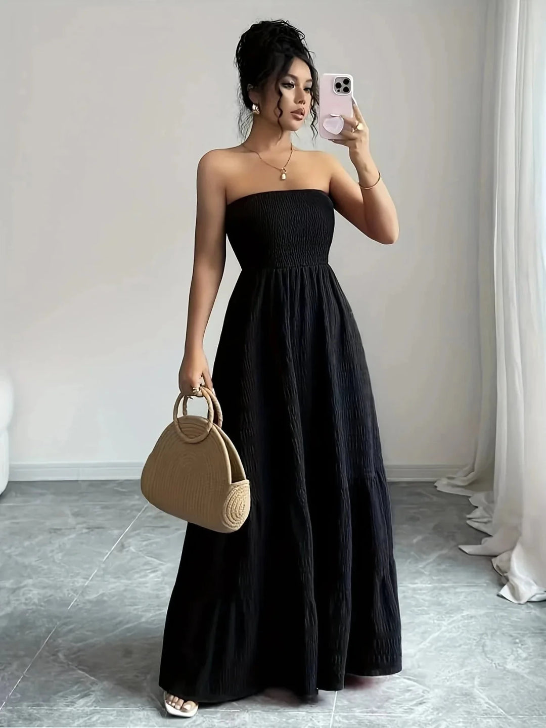 Mia | Elegant Strapless Pink Tiered Bandeau Dress - Emma's Dresses