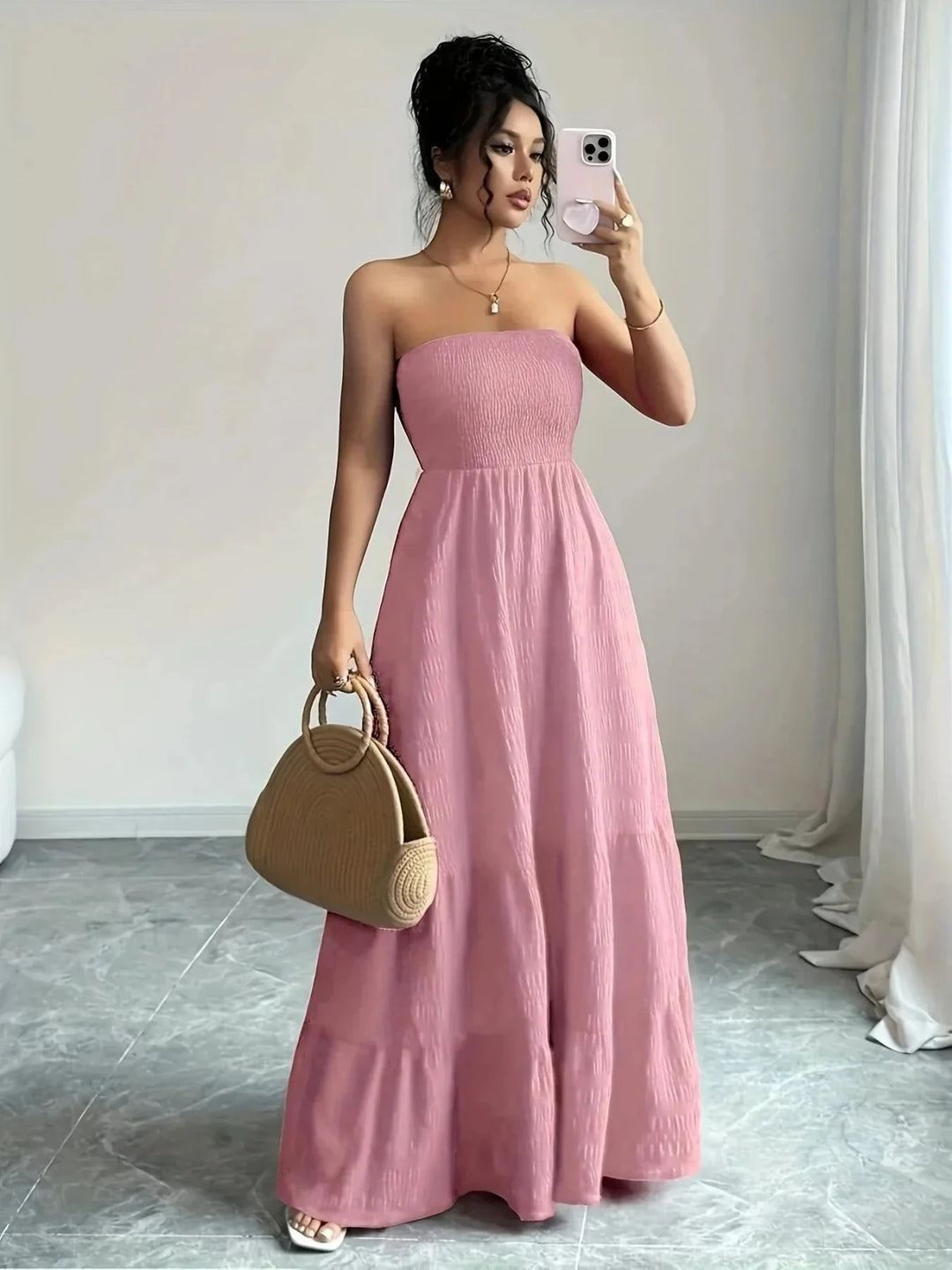 Mia | Elegant Strapless Pink Tiered Bandeau Dress - Emma's Dresses