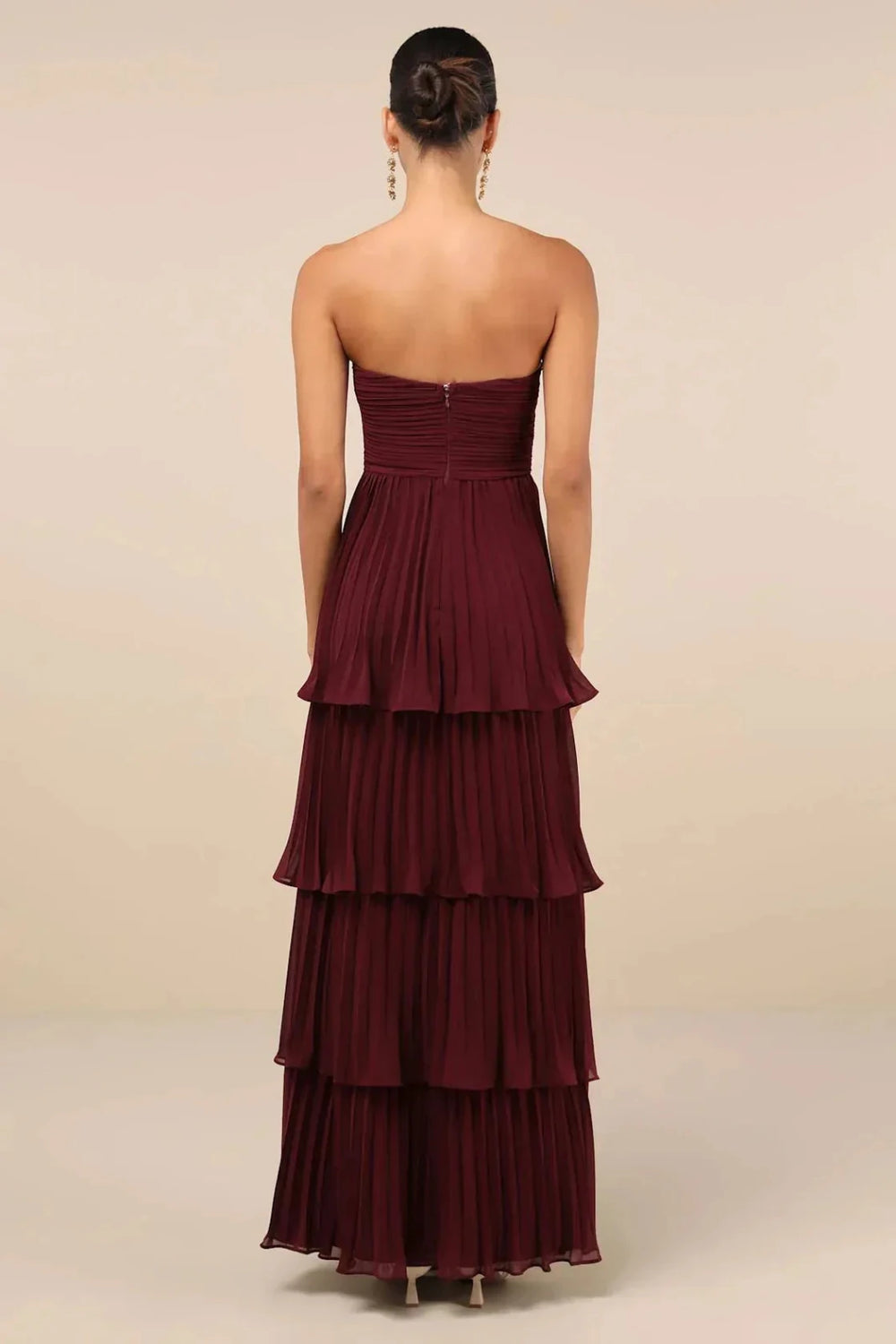 Zoe | Elegant Burgundy Strapless Tiered Maxi Dress - Emma's Dresses