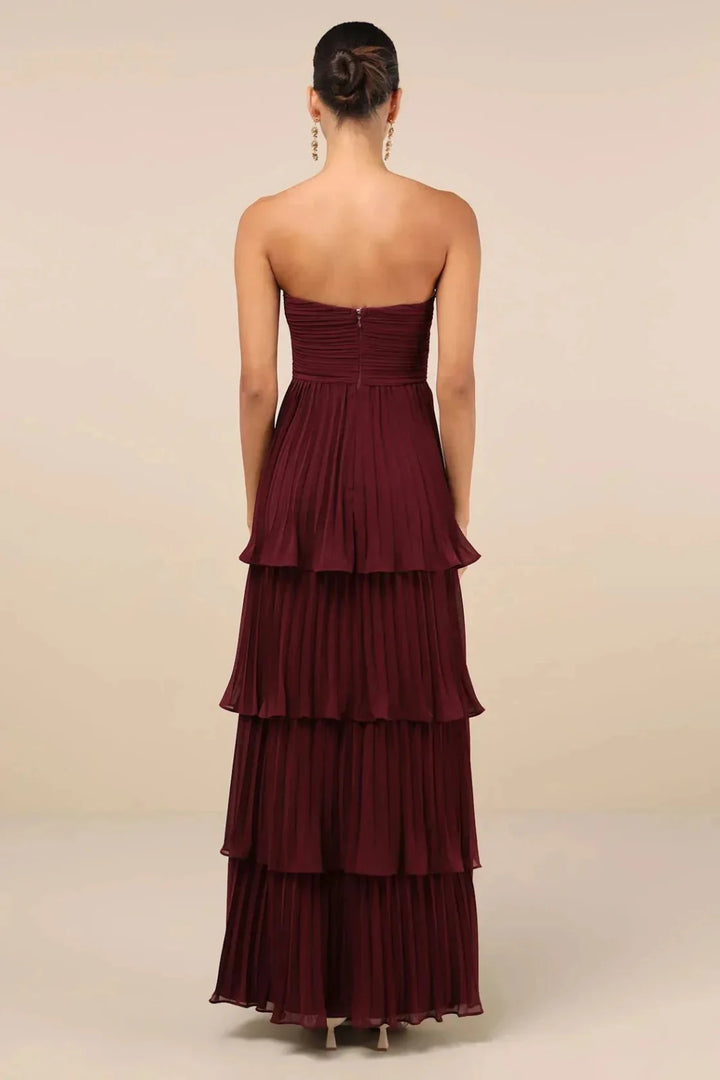 Zoe | Elegant Burgundy Strapless Tiered Maxi Dress - Emma's Dresses