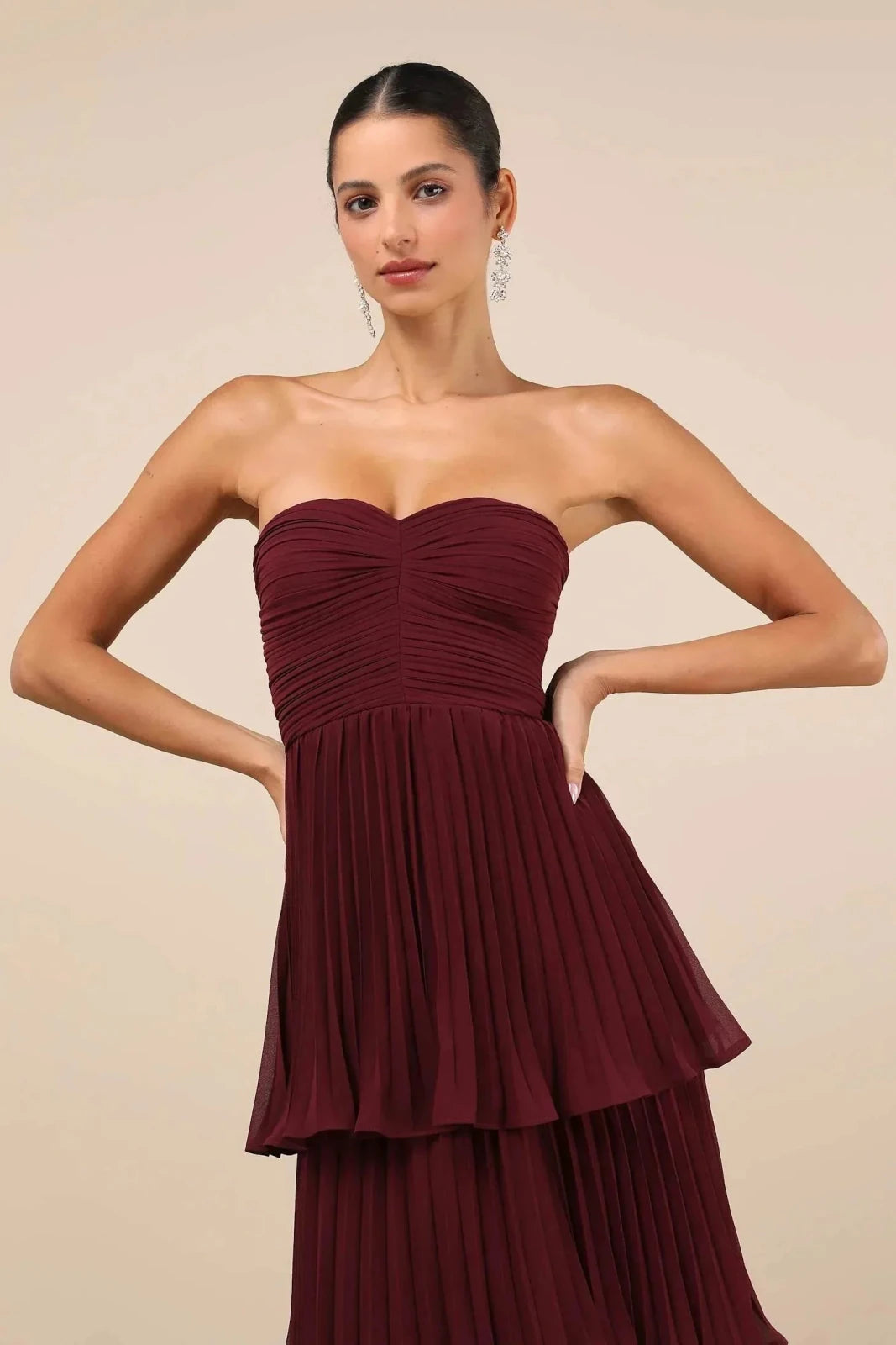 Zoe | Elegant Burgundy Strapless Tiered Maxi Dress - Emma's Dresses