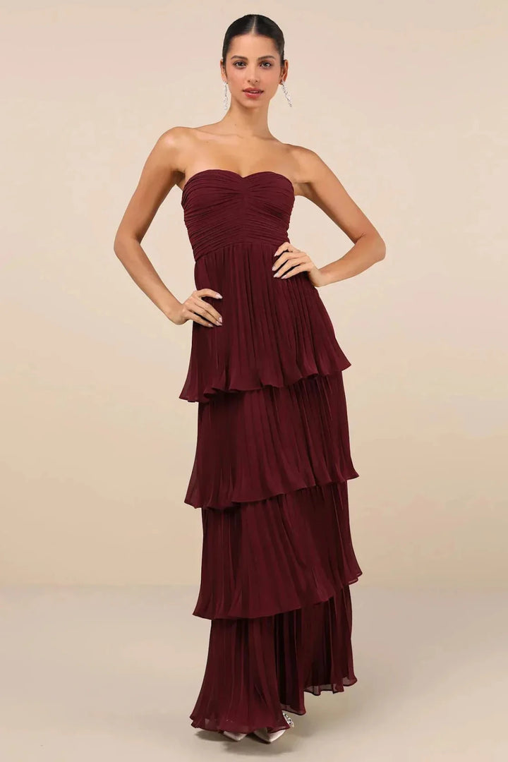 Zoe | Elegant Burgundy Strapless Tiered Maxi Dress - Emma's Dresses