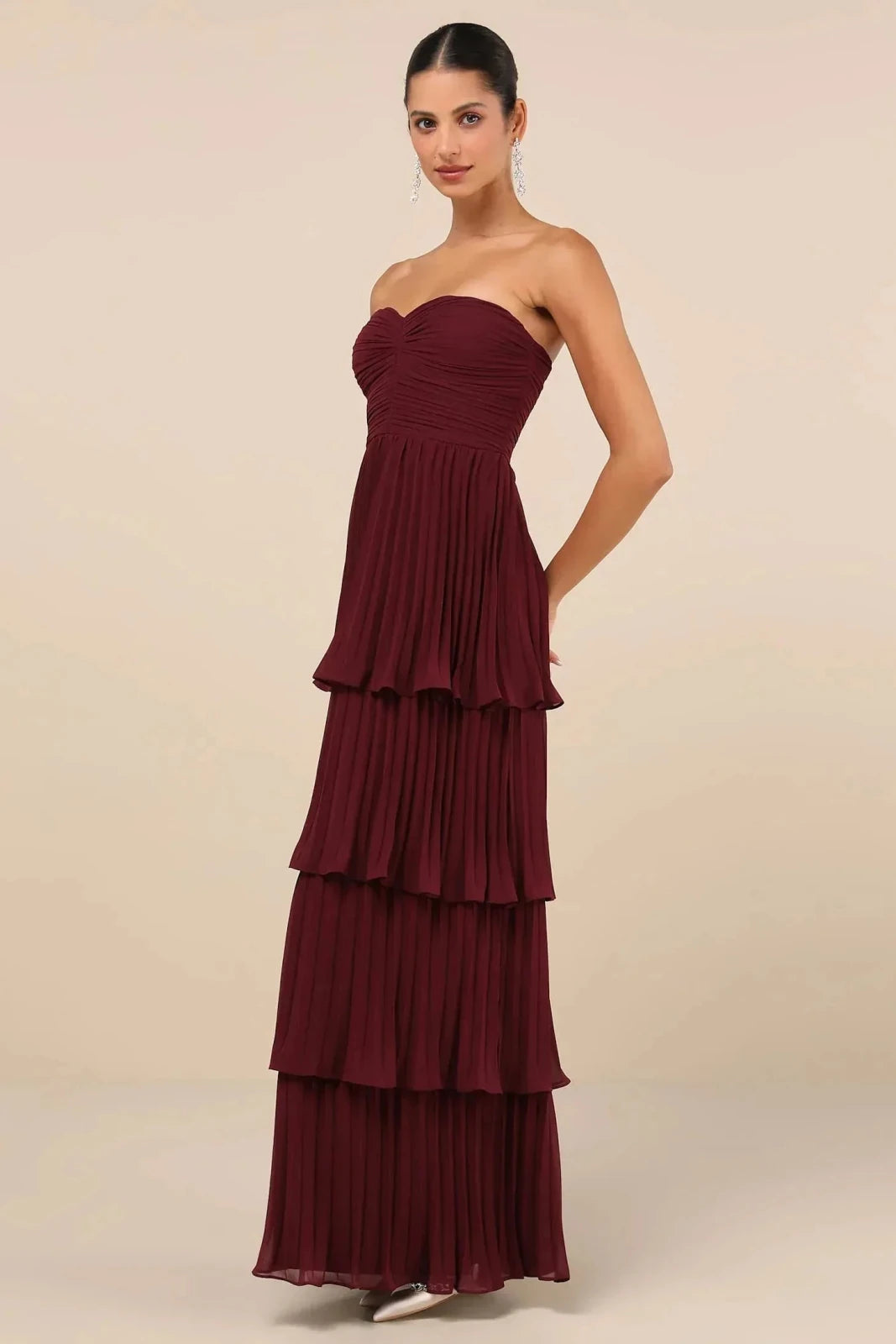 Zoe | Elegant Burgundy Strapless Tiered Maxi Dress - Emma's Dresses