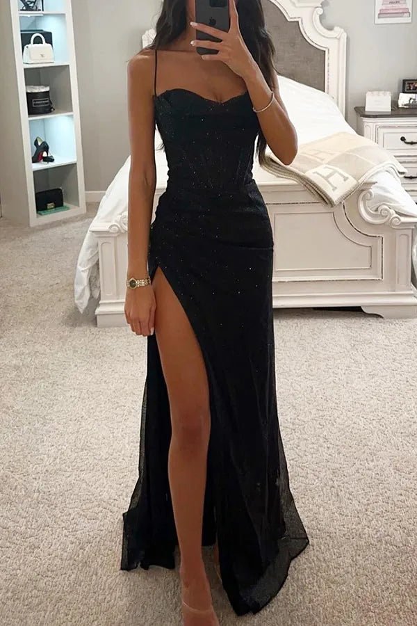 Aurora | Elegant Sweetheart High Slit Black Maxi Dress
