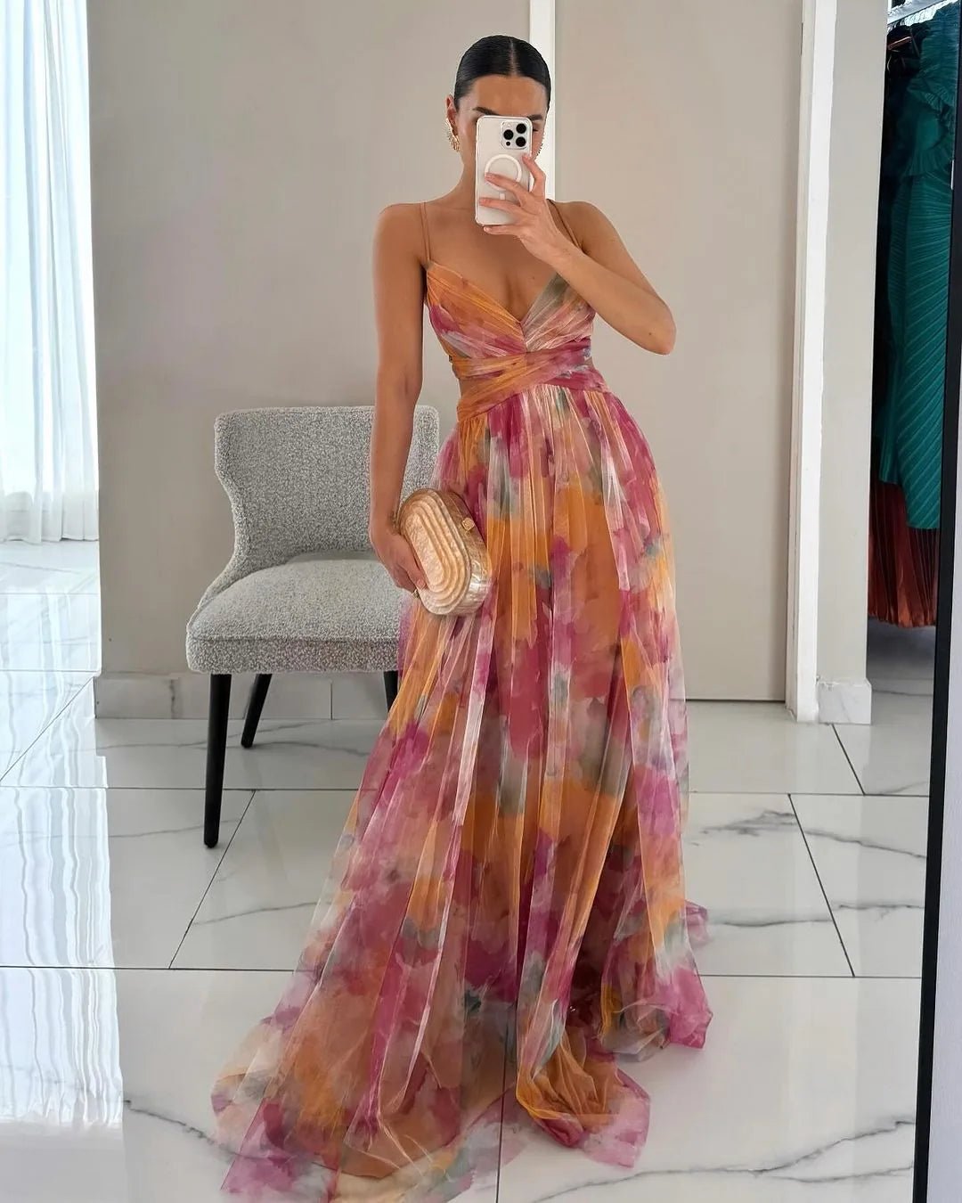 Daphne | Elegant Orange Sweetheart Floral Maxi Dress - Emma's Dresses