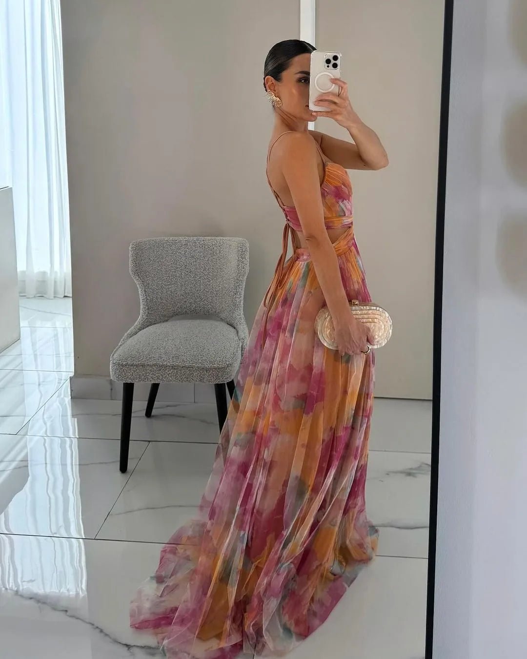 Daphne | Elegant Orange Sweetheart Floral Maxi Dress - Emma's Dresses