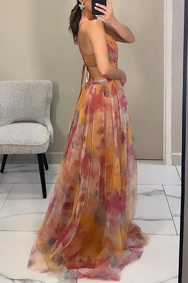 Daphne | Elegant Orange Sweetheart Floral Maxi Dress - Emma's Dresses