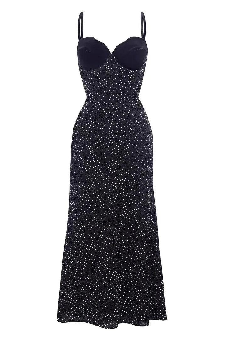 Naomi | Elegant Sweetheart Polka Dot Midi Dress Sleeveless - Emma's Dresses
