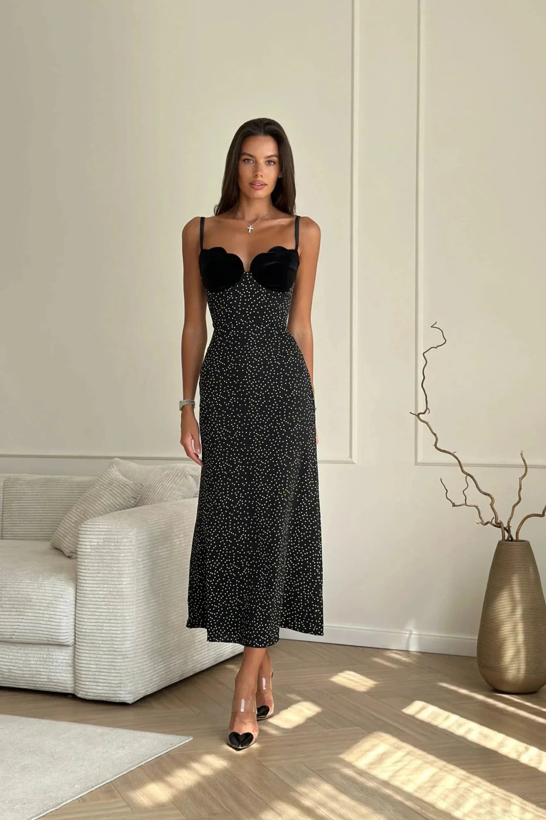 Naomi | Elegant Sweetheart Polka Dot Midi Dress Sleeveless - Emma's Dresses