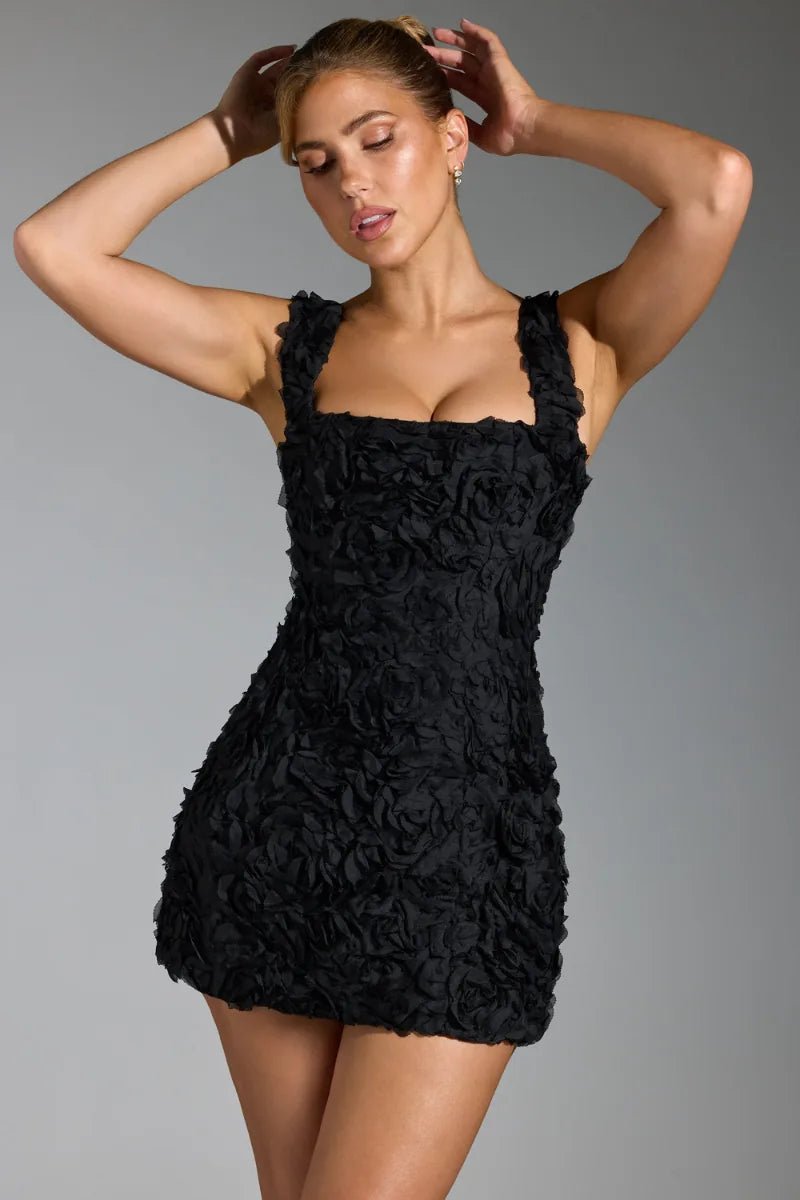 Harriet | Elegant Textured Square Neck Black Mini Dress - Emma's Dresses