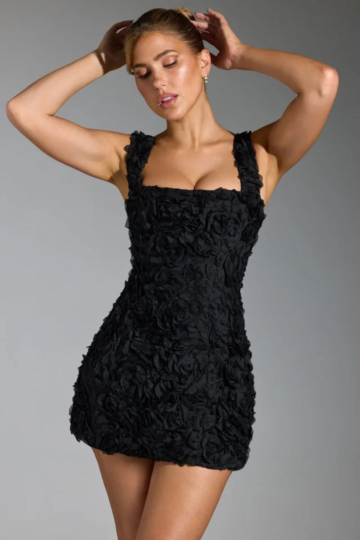Harriet | Elegant Textured Square Neck Black Mini Dress - Emma's Dresses