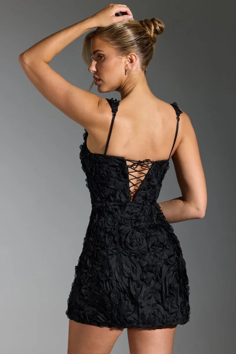 Harriet | Elegant Textured Square Neck Black Mini Dress - Emma's Dresses