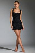 Harriet | Elegant Textured Square Neck Black Mini Dress