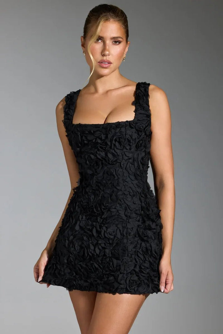 Harriet | Elegant Textured Square Neck Black Mini Dress - Emma's Dresses