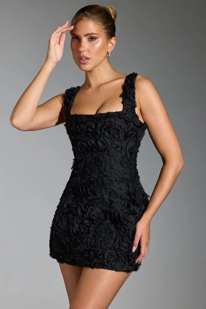 Harriet | Elegant Textured Square Neck Black Mini Dress - Emma's Dresses