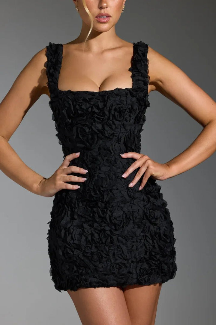 Harriet | Elegant Textured Square Neck Black Mini Dress - Emma's Dresses