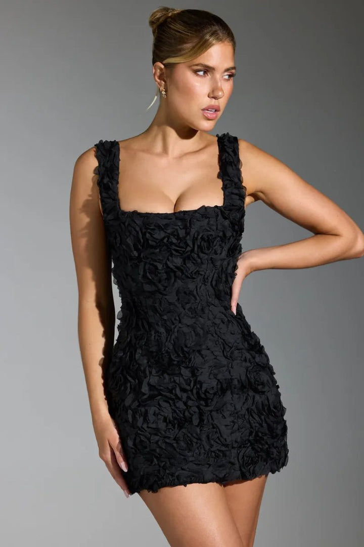 Harriet | Elegant Textured Square Neck Black Mini Dress - Emma's Dresses