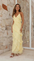 Grace | Elegant Yellow Tiered Ruffle Halter Maxi Dress