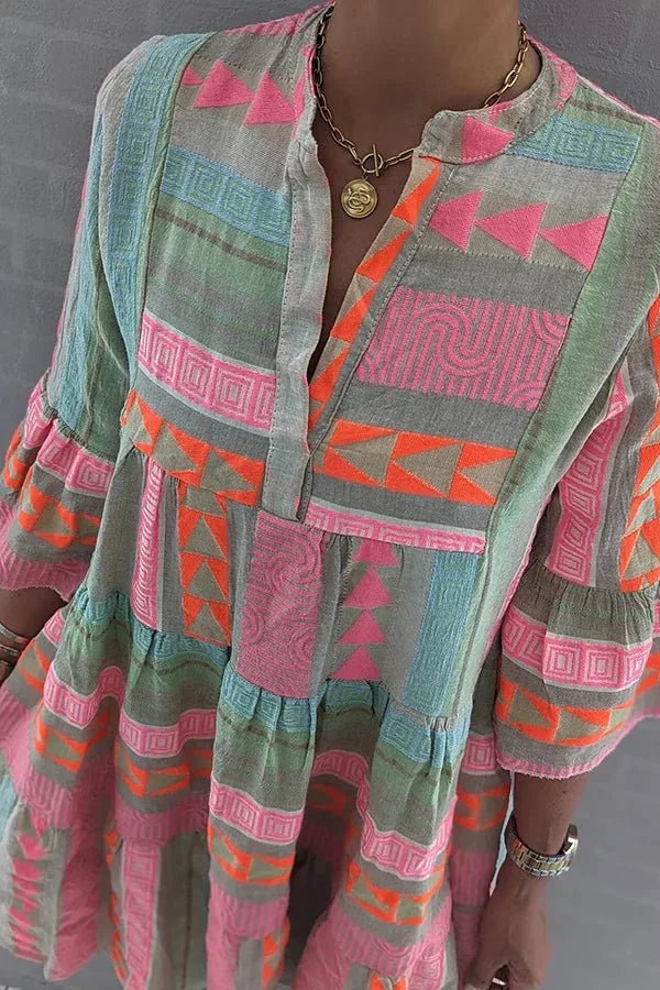 Ruby | Boho Tiered V - Neck Mini Dress With Bell Sleeves - Emma's Dresses