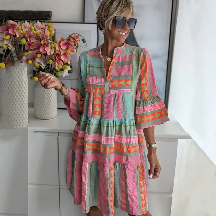 Ruby | Boho Tiered V - Neck Mini Dress With Bell Sleeves - Emma's Dresses