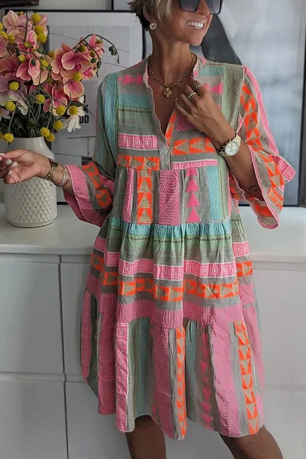 Ruby | Boho Tiered V - Neck Mini Dress With Bell Sleeves - Emma's Dresses