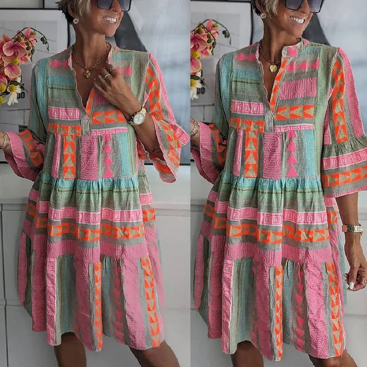Ruby | Boho Tiered V - Neck Mini Dress With Bell Sleeves - Emma's Dresses