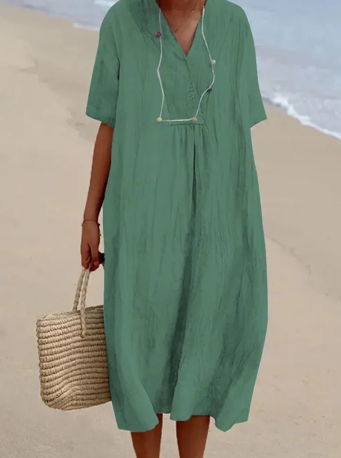 Vivienne | Elegant Blue V - Neck A - Line Midi Dress - Emma's Dresses