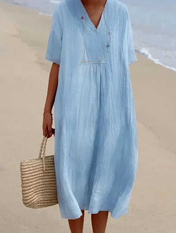 Vivienne | Elegant Blue V-Neck A-Line Midi Dress