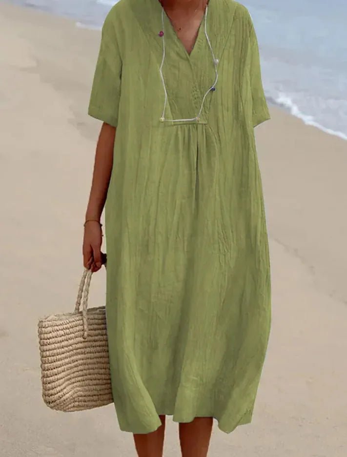 Vivienne | Elegant Blue V - Neck A - Line Midi Dress - Emma's Dresses