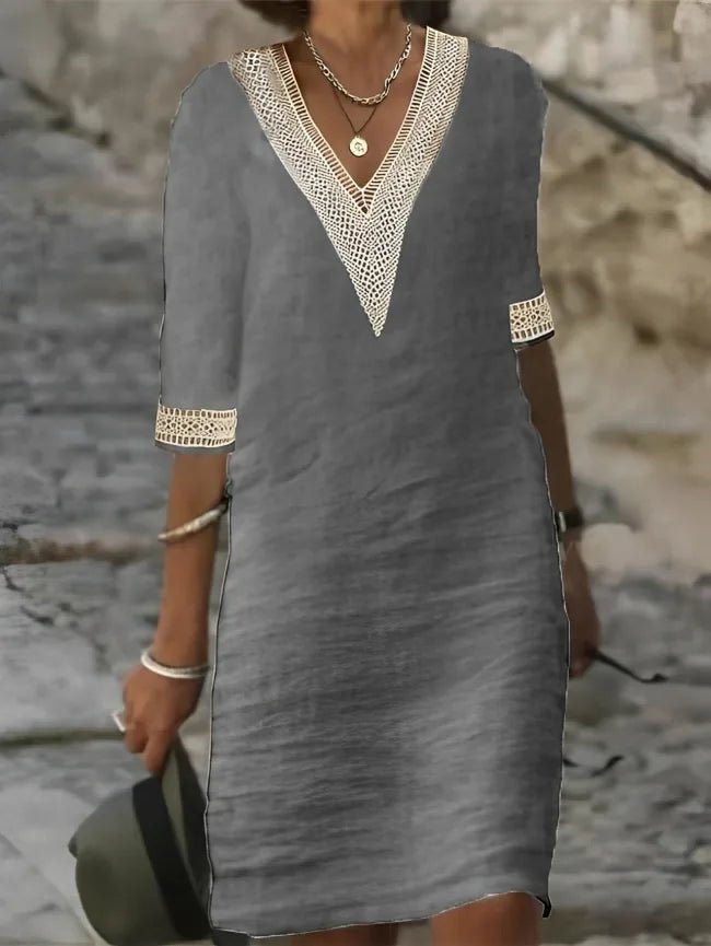 Camille | Elegant V-Neck Crochet Detail Sun Dress – view 5