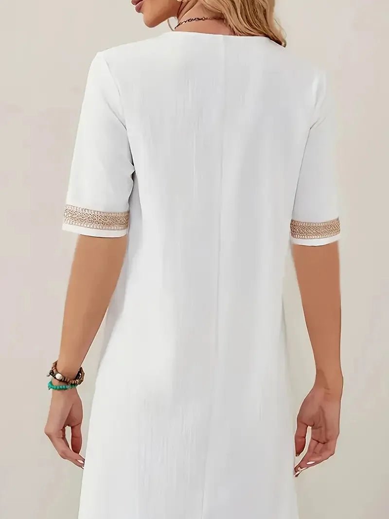 Grace | Elegant V-Neck Crochet Detail White Dress – view 2