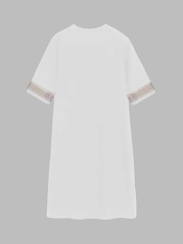 Grace | Elegant V-Neck Crochet Detail White Dress – view 3