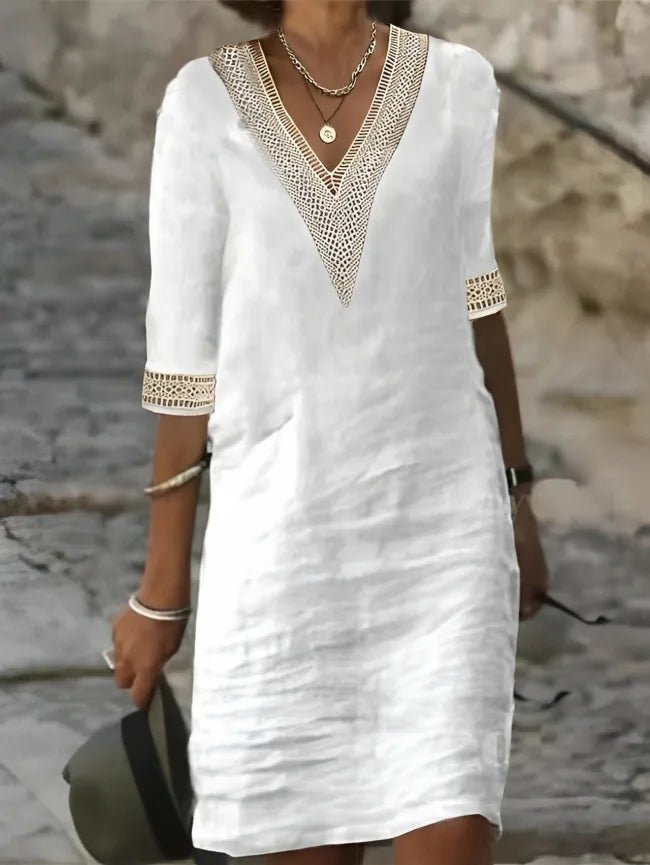 Camille | Elegant V-Neck Crochet Detail Sun Dress – view 1