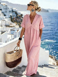 Aurora | Elegant Pink V-Neck Short Sleeve Maxi Dress