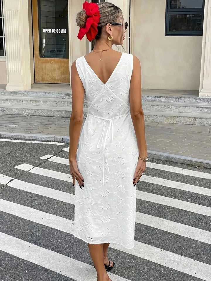 Beatrice | Elegant V-Neck Eyelet White Midi Dress – view 2