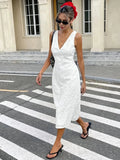 Beatrice | Elegant V-Neck Eyelet White Midi Dress