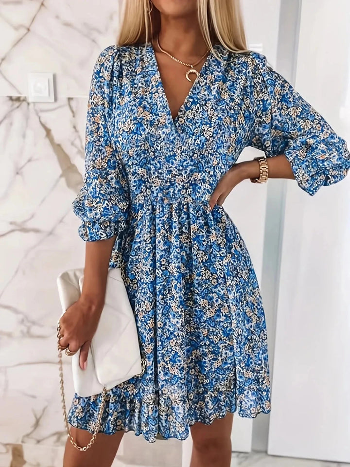 Harriet | Floral V - Neck Flutter Sleeve Mini Dress - Emma's Dresses