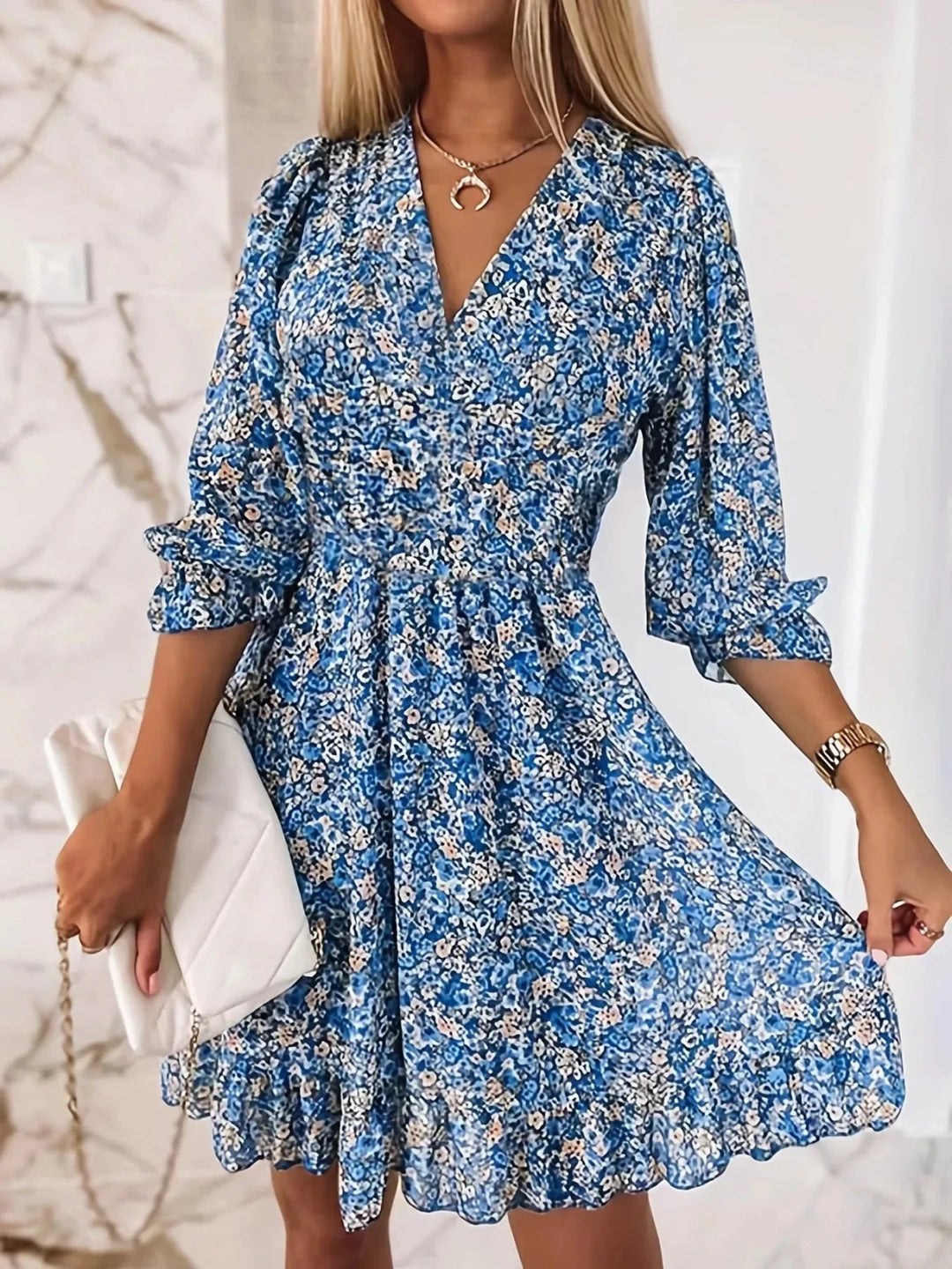 Harriet | Floral V - Neck Flutter Sleeve Mini Dress - Emma's Dresses