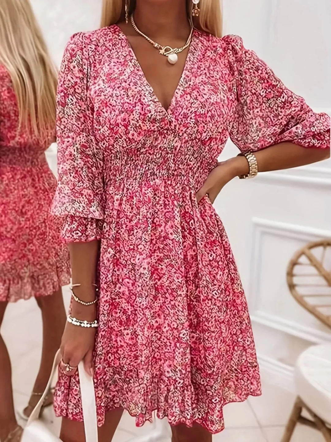 Harriet | Floral V - Neck Flutter Sleeve Mini Dress - Emma's Dresses
