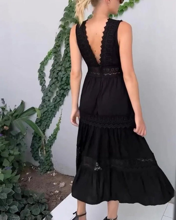 Lucy | Elegant White V-Neck Lace Tiered Midi Dress – view 9