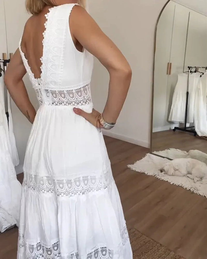 Lucy | Elegant White V-Neck Lace Tiered Midi Dress – view 2
