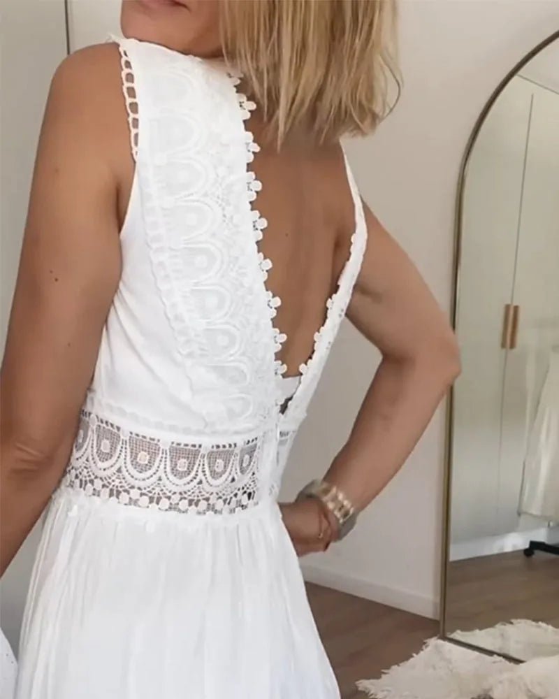Lucy | Elegant White V-Neck Lace Tiered Midi Dress – view 5