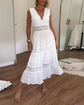 Lucy | Elegant White V-Neck Lace Tiered Midi Dress