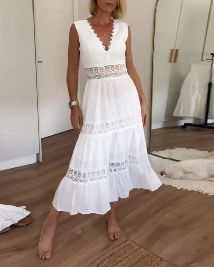 Lucy | Elegant White V-Neck Lace Tiered Midi Dress – view 1